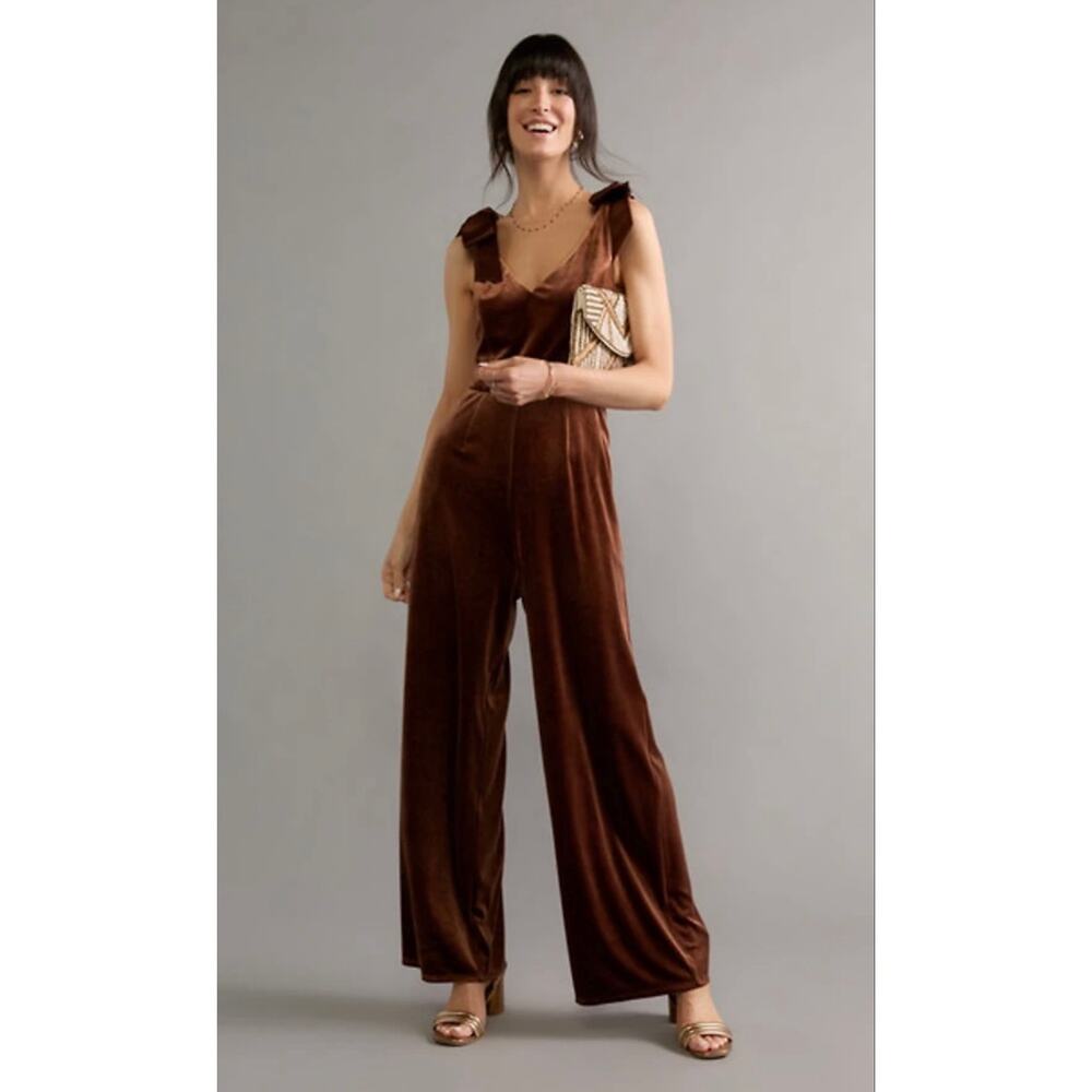 Francesca's Sherry Velvet Wide Leg Bow Strap Jumpsuit Brown with Packets Size L